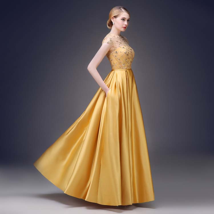 Women's Sleeveless Gold Beading and Embroidery Prom Dress