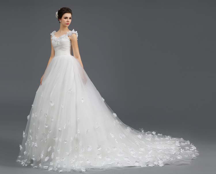 Bridal Gowns with Cathedral Train White Flowers Strap A-Line Wedding Dress With Flowers