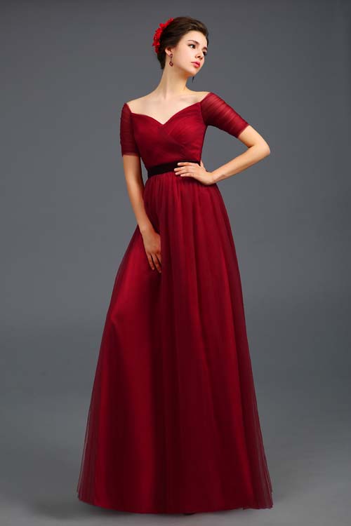 Wine Red Off Shoulder Full Length Tulle Prom Gown