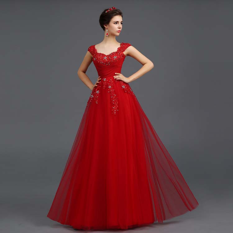 Red Sleeveless Off Shoulder Full Length Beaded Lace Tulle Prom Dress with Rhinestone