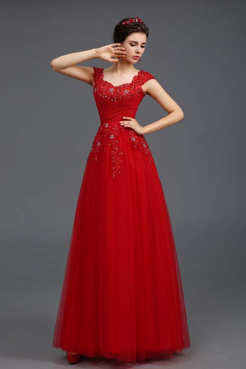 Red Sleeveless Off Shoulder Full Length Beaded Lace Tulle Prom Dress ...
