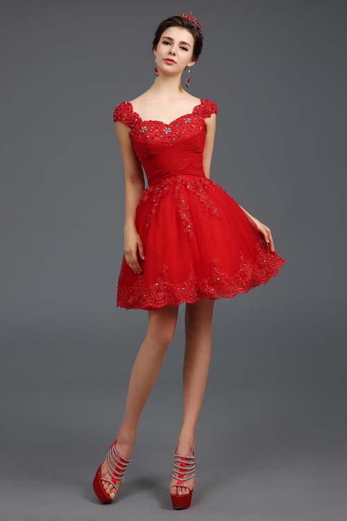 Red Sleeveless Cocktail Dress Off Shoulder Beaded Lace Tulle Prom Dress with Rhinestone