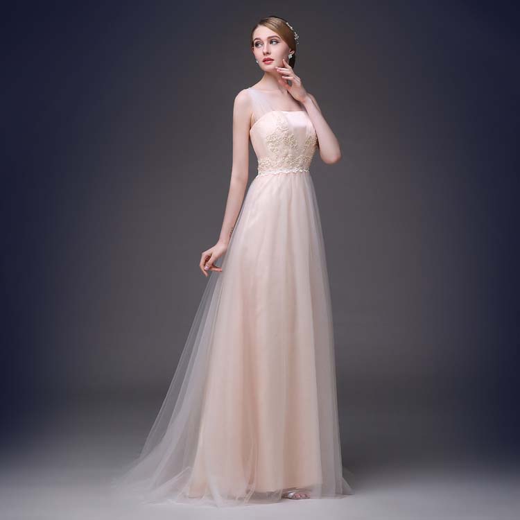 Apricot Long Lace Prom Dress Strapless Bridesmaid Dresses with Chapel Train