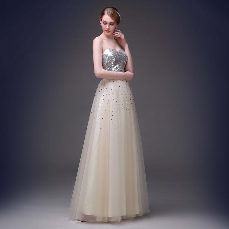 Women's Long Silver Sequins Strapless Halterback Prom Dresses