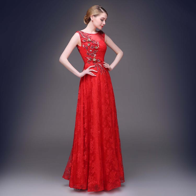 Red Party Dresses For Women Lace Embroidery Long Prom Dress