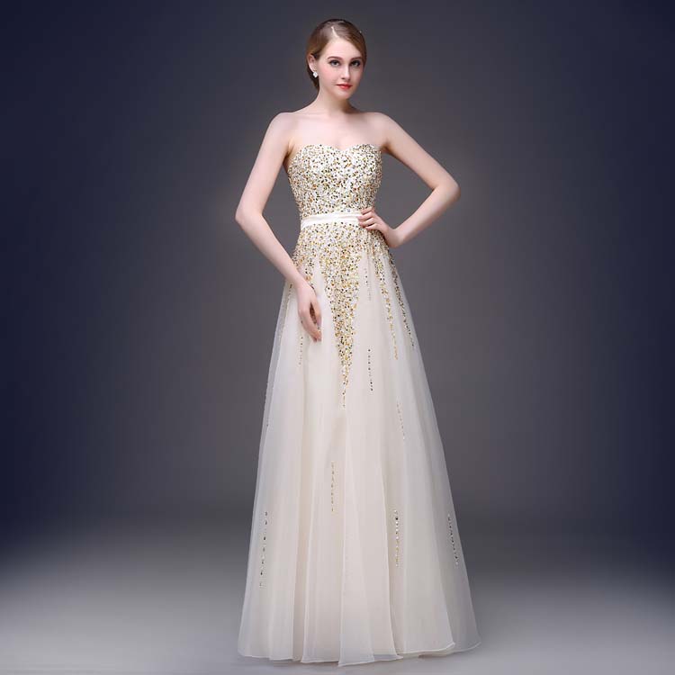 Women's Strapless Backless Beaded Long Tulle Prom Dress